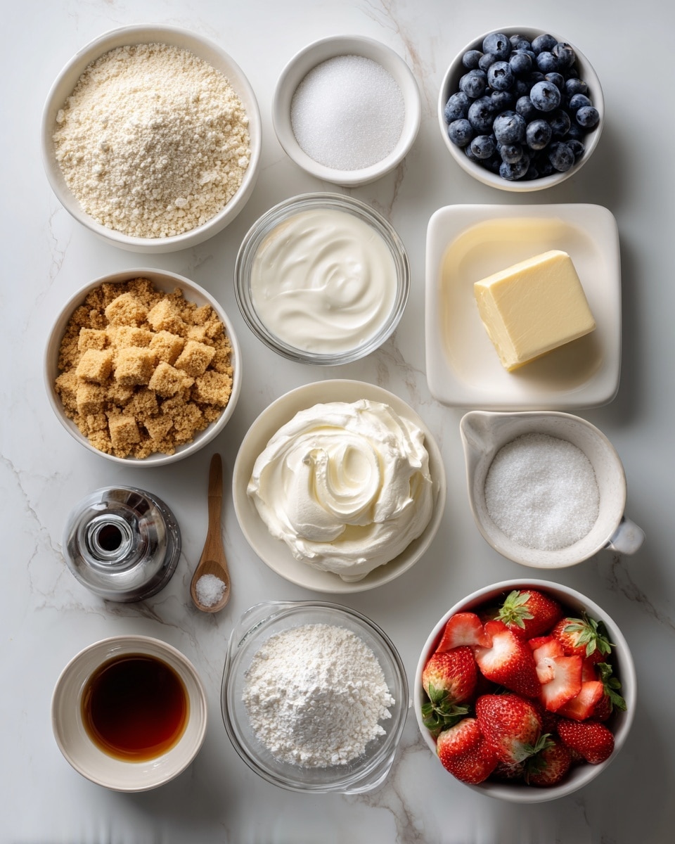Top-down professional food photography, flat lay style, bright white marble countertop, neatly arranged, evenly spaced, tidy, clean organized layout, include: bowl of graham cracker crumbs, small plate of melted unsalted butter, small bowl of granulated sugar, bowl of softened cream cheese, small bowl of powdered sugar, small bottle of vanilla flavoring, glass measuring cup of heavy whipping cream, small bowl of fresh blueberries, small bowl of sliced fresh strawberries, bright soft natural lighting, sharp focus, high detail textures, realistic reflections, professional DSLR look, 4K, no finished dish, no cooked food, no hands, no text, no watermark, no brand logos --ar 4:5 --v 7