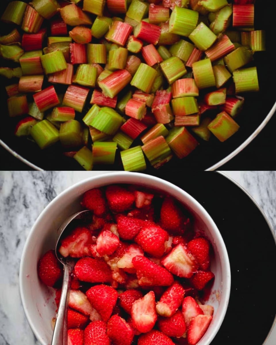 The image shows two parts: the top part has many small chopped pieces of rhubarb with reddish-green skin and light green inside, spread out closely together. The bottom part shows a white bowl filled with whole red strawberries and some chopped rhubarb mixed in, all sitting on a black surface with a silver spoon placed in the bowl. The background is a white marbled texture. photo taken with an iphone --ar 4:5 --v 7