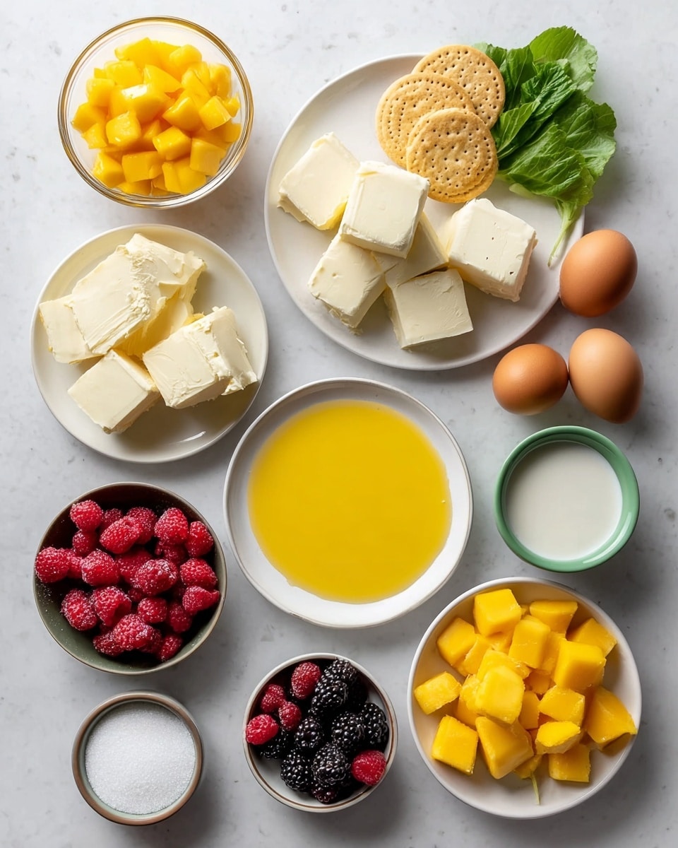 The image shows various ingredients arranged neatly on a white marbled surface, each in small white or brown bowls or plates except one green bowl holding sugar. At the center is a white plate with a smooth layer of bright yellow melted butter. Close to the top left is a small glass bowl filled with bright yellow mango cubes, and just below that is a fresh green lettuce sprig placed on the surface. Near the top middle is a white plate with several white-yellow cubes of solid butter, while to its right are four round light beige crackers stacked on the marbled surface. To the right near the middle are two brown eggs resting directly on the surface. Below these eggs, a small brown bowl holds mixed red raspberries and blackberries. On the lower right, scattered on the surface, are more mango cubes. At the bottom left corner, a small white bowl contains salt, a slightly larger green bowl is filled with white sugar crystals, and between them is a white bowl with solid butter chunks. Near the bottom middle, a white bowl contains a small amount of white liquid cream. The setup is clean and simple, perfectly arranged for a recipe shot, photo taken with an iphone --ar 4:5 --v 7
