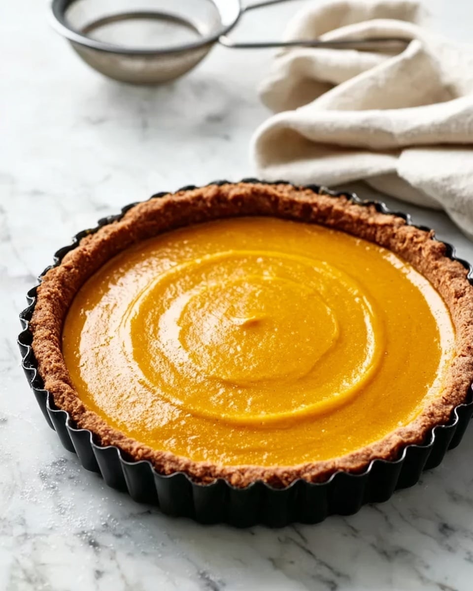 A pumpkin pie sits in a black fluted tart pan on a white marbled surface. The pie has a golden brown crust that looks crisp and thick, forming a rough edge around the smooth, shiny orange filling. The filling has two gentle swirl rings on top, giving it a creamy and even texture. Nearby, a folded white cloth and a metal sifter are slightly blurred in the background, adding a soft touch without distracting from the pie. Photo taken with an iphone --ar 4:5 --v 7
