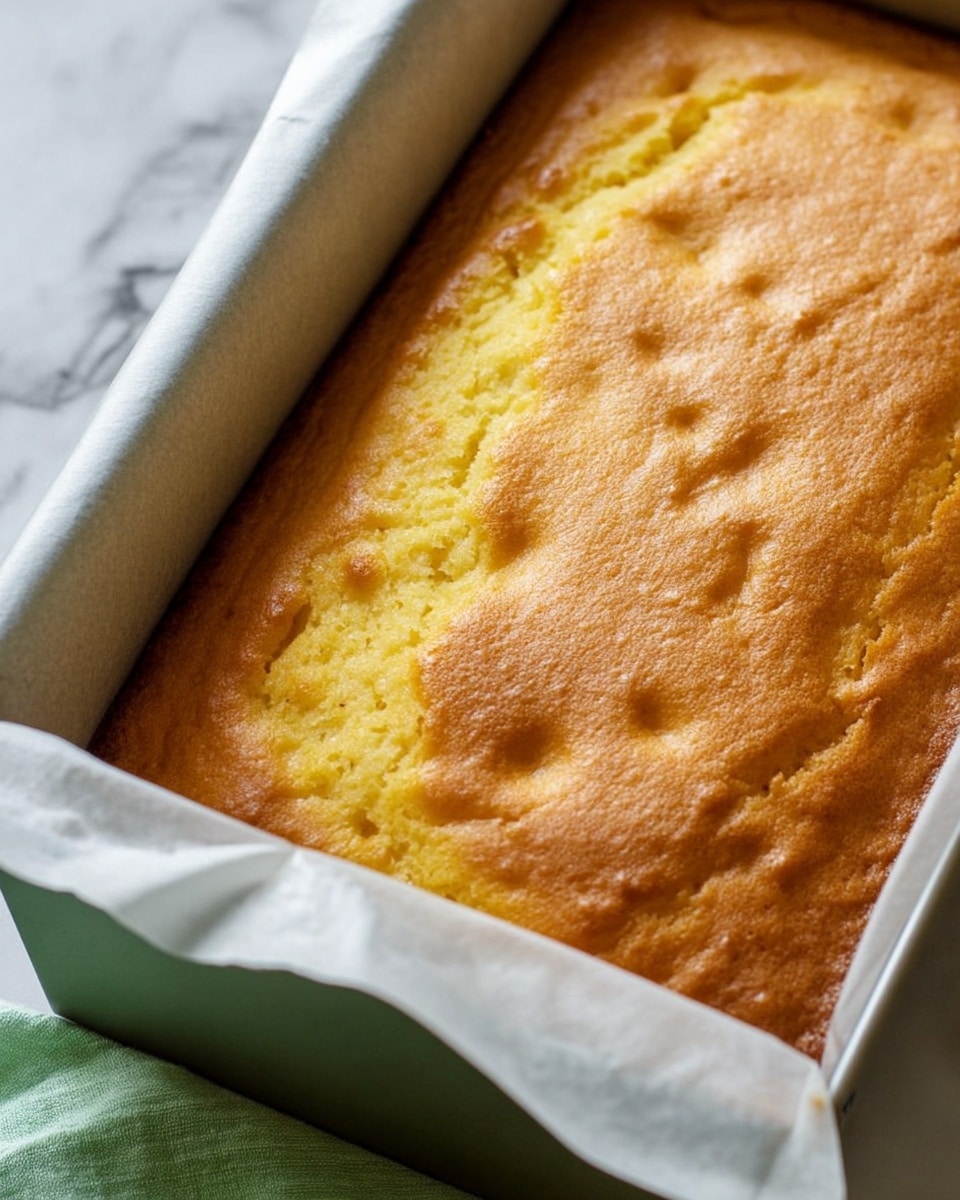 A close-up view of a baked yellow cake in a metal rectangular pan, lined with white parchment paper that is partially rolled back on the top right side. The cake surface is rough with some uneven small holes and a golden-brown color showing light and darker spots, giving it a soft texture look. The pan sits on a white marbled surface with a small green cloth partially visible under the bottom right corner of the pan. photo taken with an iphone --ar 4:5 --v 7