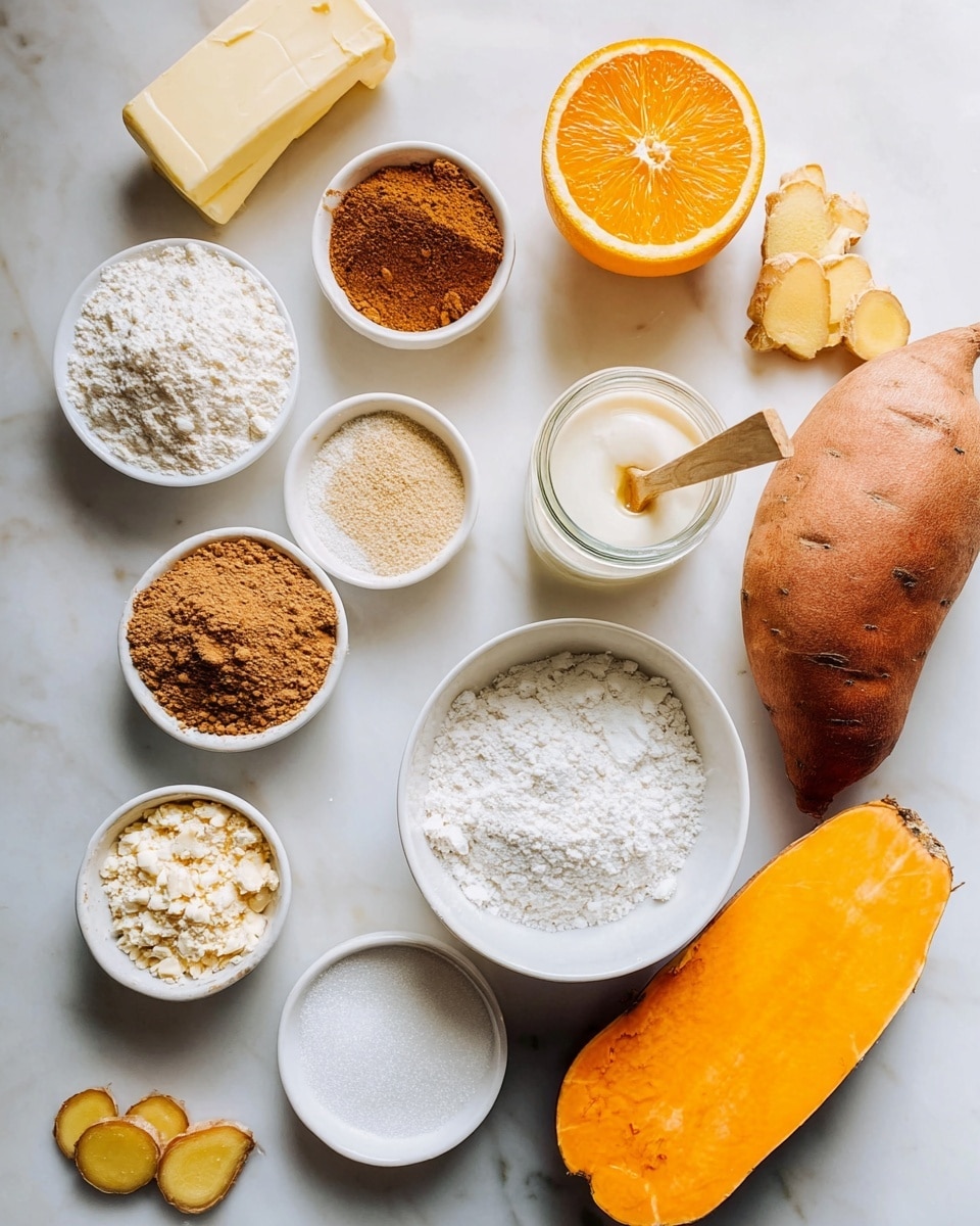 The image shows different cooking ingredients arranged on a white marbled surface. There is a large sweet potato cut in half showing bright orange flesh at the bottom right, next to it is a white bowl filled with fine white powder. Above this, a small glass jar with white creamy content and a small wooden spoon inside is visible. To the top right, a whole orange and half of an orange are placed with the inner bright orange sections visible. Near the top center, there is a stick of butter partially wrapped. On the left side, there are several white bowls containing various powders and spices, including brown powder, light brown powder, white granules, and beige powder, plus some thin slices of ginger near the bottom left. All the bowls are white, and the overall scene is softly lit and clear. Photo taken with an iphone --ar 4:5 --v 7