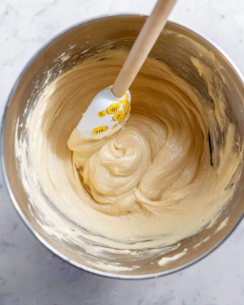 A close-up view inside a metal mixing bowl showing smooth, creamy light beige batter being stirred by a wooden spatula with a yellow and white silicone head decorated with honeycomb and bees. The batter has a thick, creamy texture with swirls around the spatula and some batter smeared along the sides of the bowl. The background surface is a white marbled texture photo taken with an iphone --ar 4:5 --v 7