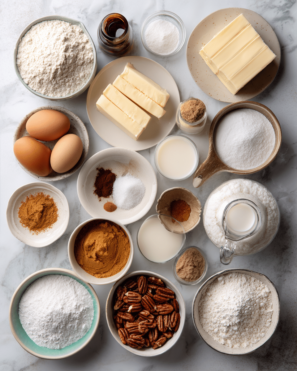 Top-down professional food photography flat lay style, bright white marble countertop, neatly arranged, evenly spaced, tidy, clean organized layout, include: bowl of all purpose flour, small bowl of baking soda, small bowl of kosher salt, small bowl of ground cinnamon, small bowl of ground nutmeg, small plate with unsalted butter sticks, small bowl of packed light brown sugar, small bowl of sweet potato purée, small plate with large eggs, bottle of vanilla essence, bottle of almond essence, glass measuring cup of whole buttermilk, small bowl of chopped pecans, small bowl of powdered sugar, small plate with salted butter stick, small glass cup of milk, small bowl of vanilla bean paste, bright soft natural lighting, sharp focus, high detail textures, realistic reflections, professional DSLR look, 4K, no finished dish, no cooked food, no hands, no text, no watermark, no brand logos --ar 4:5 --v 7