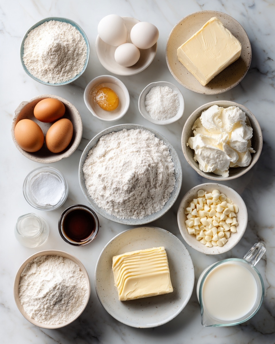Top-down professional food photography, flat lay style, bright white marble countertop, neatly arranged, evenly spaced, tidy, clean organized layout. Include: bowl of self-raising flour, small bowl of bicarbonate of soda, small plate of soft butter, bowl of caster sugar, small plate of large eggs, small bowl of natural yogurt, small glass cup of vanilla essence, bowl of white chocolate chips, small bowl of icing sugar, small bowl of melted white chocolate, small glass cup of milk. Bright soft natural lighting, sharp focus, high detail textures, realistic reflections, professional DSLR look, 4K, no finished dish, no cooked food, no hands, no text, no watermark, no brand logos --ar 4:5 --v 7