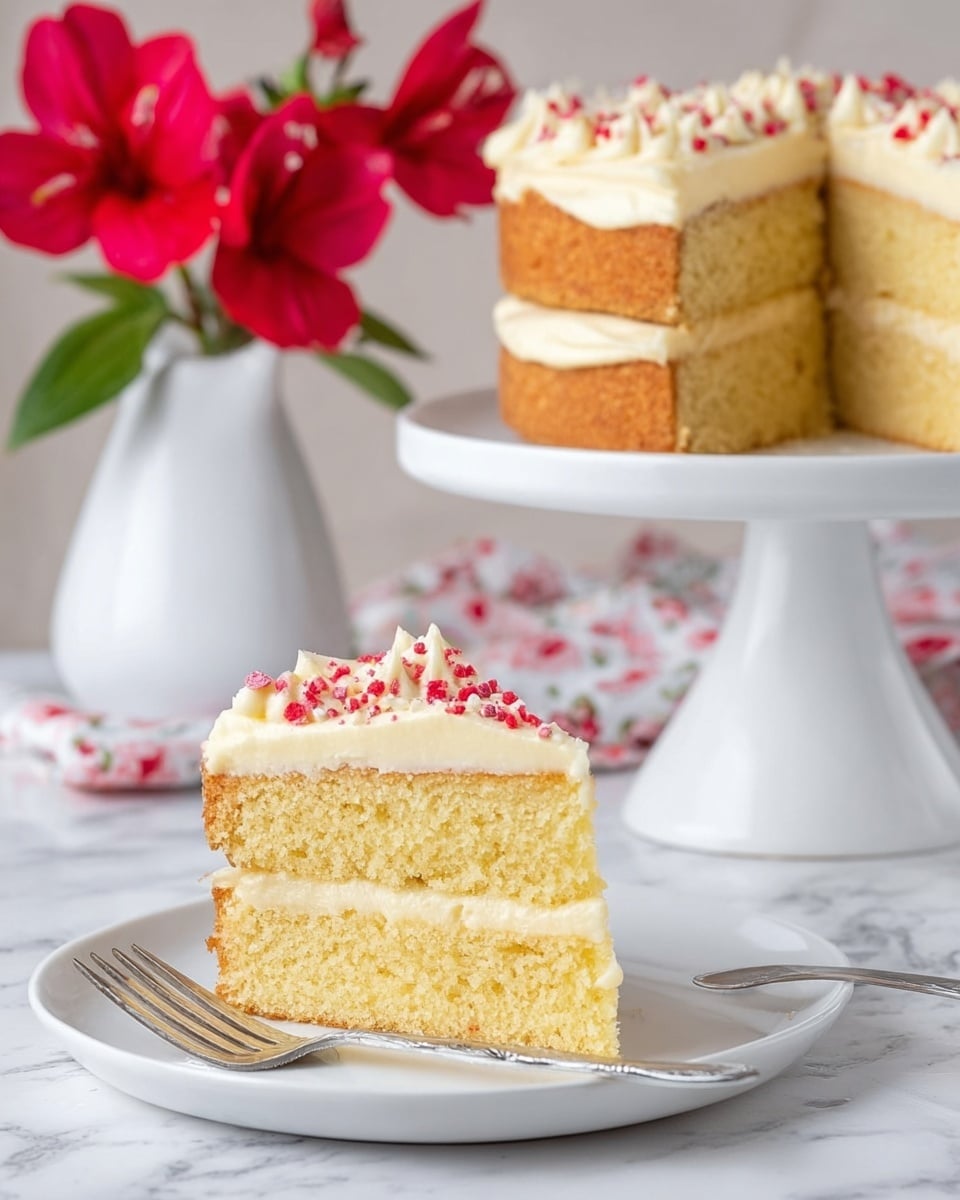 A slice of two-layer yellow cake with creamy white frosting between the layers and on top, decorated with small red sprinkles. The cake slice is on a white plate with a silver fork beside it. In the background, the whole cake is on a white cake stand, showing the same layers and frosting. To the left, there is a white vase with bright red flowers. The surface below is white marbled texture. photo taken with an iphone --ar 4:5 --v 7