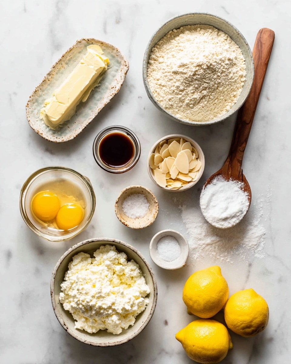 The image shows several small bowls and ingredients on a white marbled surface. At the center bottom is a bowl filled with white creamy ricotta cheese, and to its left is a larger bowl with pale yellow flour. On the right side, there is a wooden spoon filled with white granulated sugar and next to it a small bowl holding light beige almond slices. Above these is a bowl with three bright yellow egg yolks. Near the top left is a small glass dish with a stick of pale yellow butter and beside it, a small bowl containing a dark brown liquid, likely vanilla extract. At the bottom right corner, two whole bright yellow lemons rest on the surface. Scattered around are two more small bowls, one with a pinch of white salt and another with a light yellow beaten mixture. Photo taken with an iphone --ar 4:5 --v 7