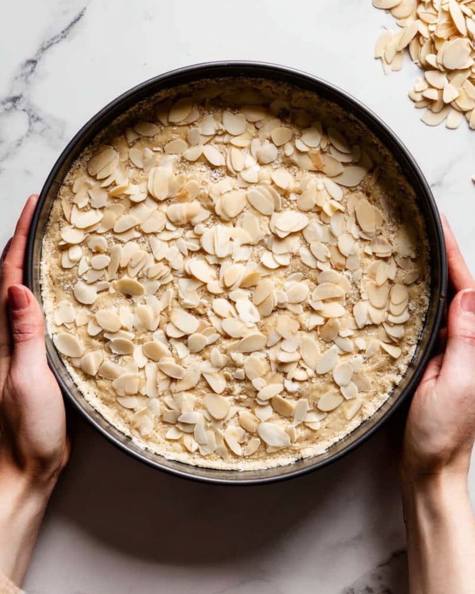 A round black pan filled with a dough layer topped with many thin, light brown almond slices evenly spread on the surface. The dough is pale beige with a slightly rough texture under the almond layer. A woman's hand on the left and another woman's hand on the right hold the pan, all set on a white marbled surface. photo taken with an iphone --ar 4:5 --v 7