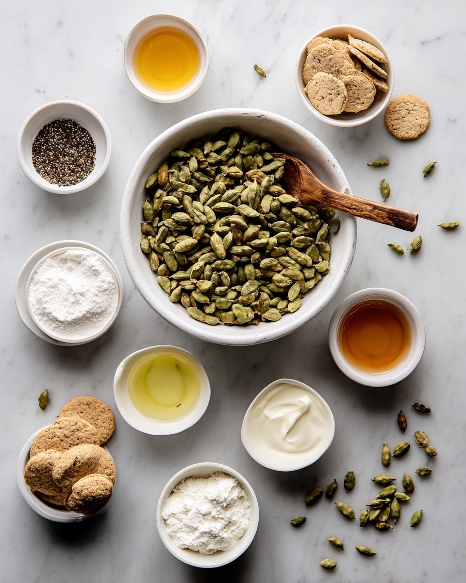 A white bowl sits in the center filled with many green cardamom pods, with a wooden spoon resting inside. Around this bowl, there are ten smaller white bowls arranged in a circle on a white marbled surface. These bowls hold different ingredients: coarse black pepper, light yellow liquid, white powder, amber liquid, small round cookies, creamy white sauce, green cardamom pods again, and two more types of white powders or spices. A few cardamom pods are scattered loosely on the surface near the bowls. The overall look is clean and organized, showing a variety of textures from smooth liquids to powdery and crunchy items photo taken with an iphone --ar 4:5 --v 7