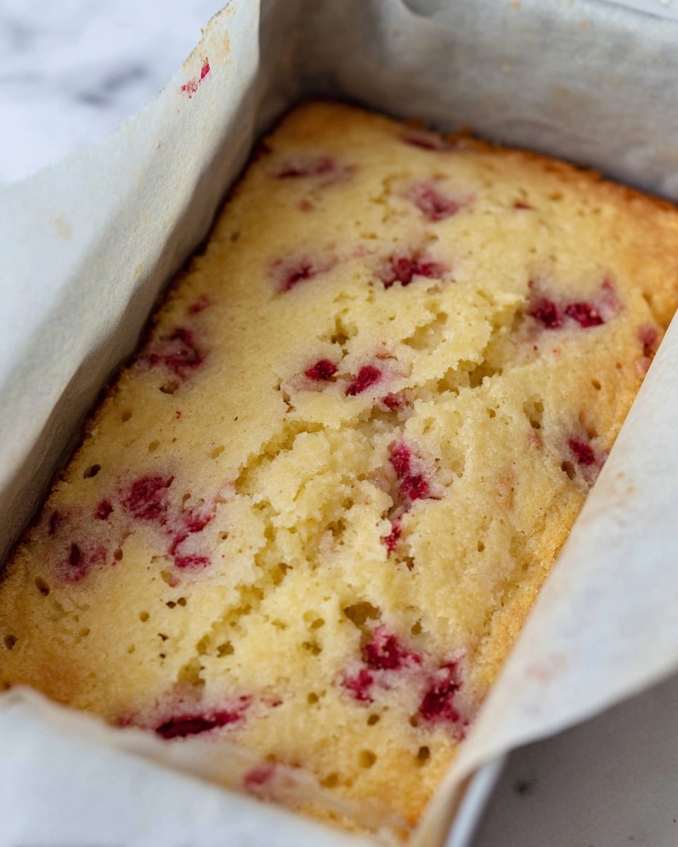 This image shows a close-up of a soft, light yellow cake with small red pieces spread unevenly throughout the surface. The cake has a moist texture with tiny holes and a slight crust forming at the edges. It is baked inside a rectangular white tray lined with parchment paper, and the scene is set on a white marbled surface. Photo taken with an iphone --ar 4:5 --v 7