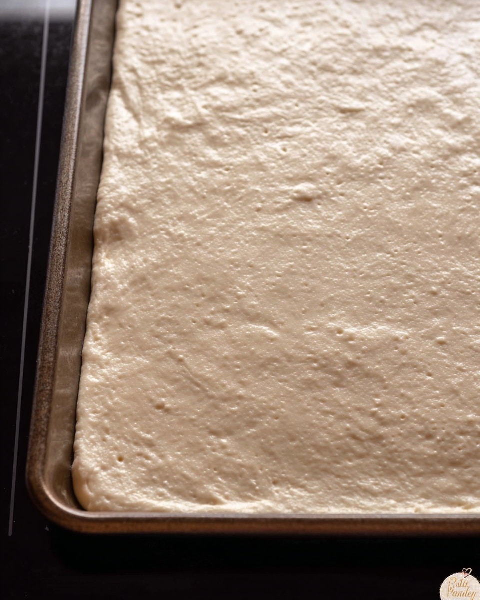 A close-up view of a flat, evenly spread dough layer covering a rectangular baking tray with a slightly raised edge. The dough has a smooth, pale beige surface with small, subtle air bubbles throughout. The tray rests on a dark stovetop, contrasting with the light dough. The texture of the dough appears soft and slightly dimpled, indicating it is ready for the next step of baking. photo taken with an iphone --ar 4:5 --v 7