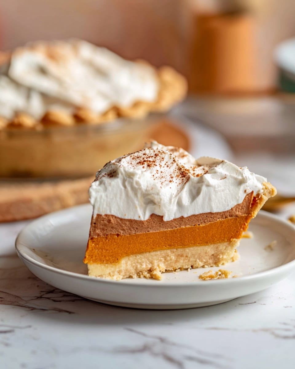 A slice of pie is shown on a white plate resting on a white marbled surface. The pie has three layers: a light golden crust at the bottom, a thick middle layer of smooth orange pumpkin filling, and a thick top layer of fluffy white whipped cream with a few brown cinnamon sprinkles on it. The slice is close to the camera with the rest of the pie blurred in the background. Photo taken with an iphone --ar 4:5 --v 7