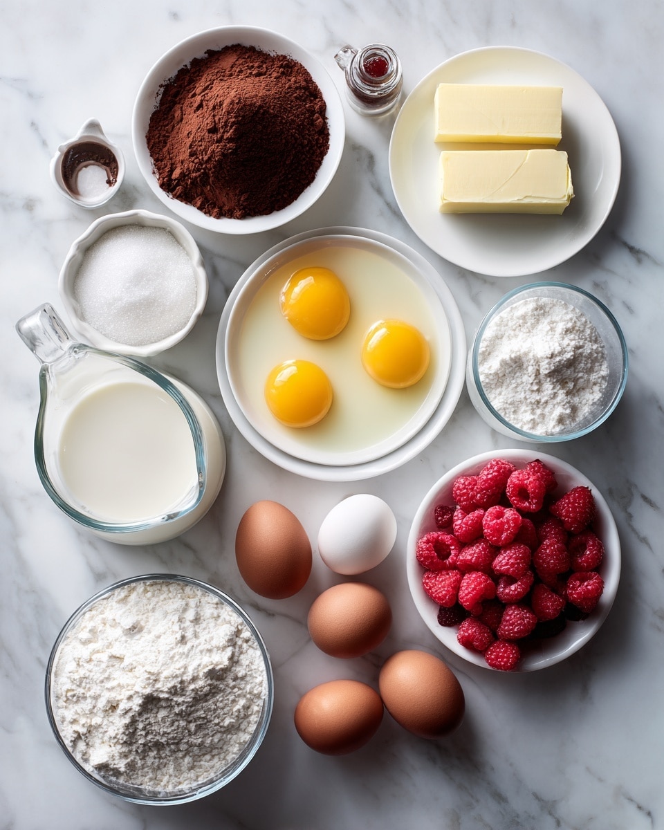 Top-down professional food photography flat lay style, bright white marble countertop, neatly arranged, evenly spaced, tidy, clean organized layout, include: small bowl of unsweetened cocoa powder, small plate with unsalted butter, small bottle of raspberry flavoring, small plate with separated eggs (yolks and whites in separate small plates), glass measuring cup of milk, two small bowls of sugar, small bowl of salt, small bowl of baking powder, small bowl of fresh raspberries, small sifter bowl of powdered sugar, bright soft natural lighting, sharp focus, high detail textures, realistic reflections, professional DSLR look, 4K, no finished dish, no cooked food, no hands, no text, no watermark, no brand logos --ar 4:5 --v 7