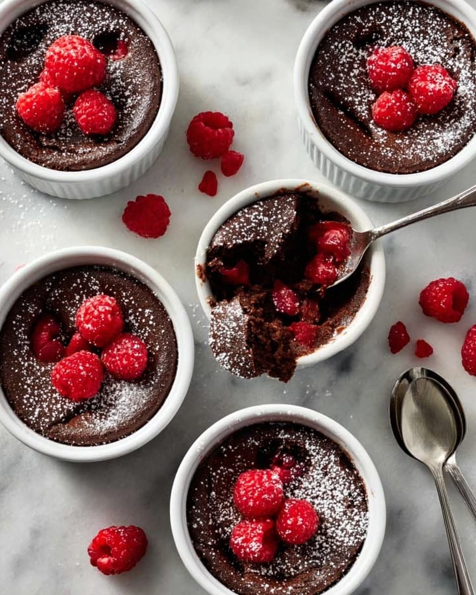 Four white round ramekins filled with dark brown chocolate desserts, topped with bright red raspberries and a light dusting of powdered sugar. One ramekin shows a spoon inside with a scoop taken out, revealing a soft, moist chocolate texture with visible raspberries embedded inside. Scattered fresh raspberries surround the ramekins, placed on a white marbled surface. Near the bottom right, a silver spoon rests beside the ramekins. Photo taken with an iphone --ar 4:5 --v 7
