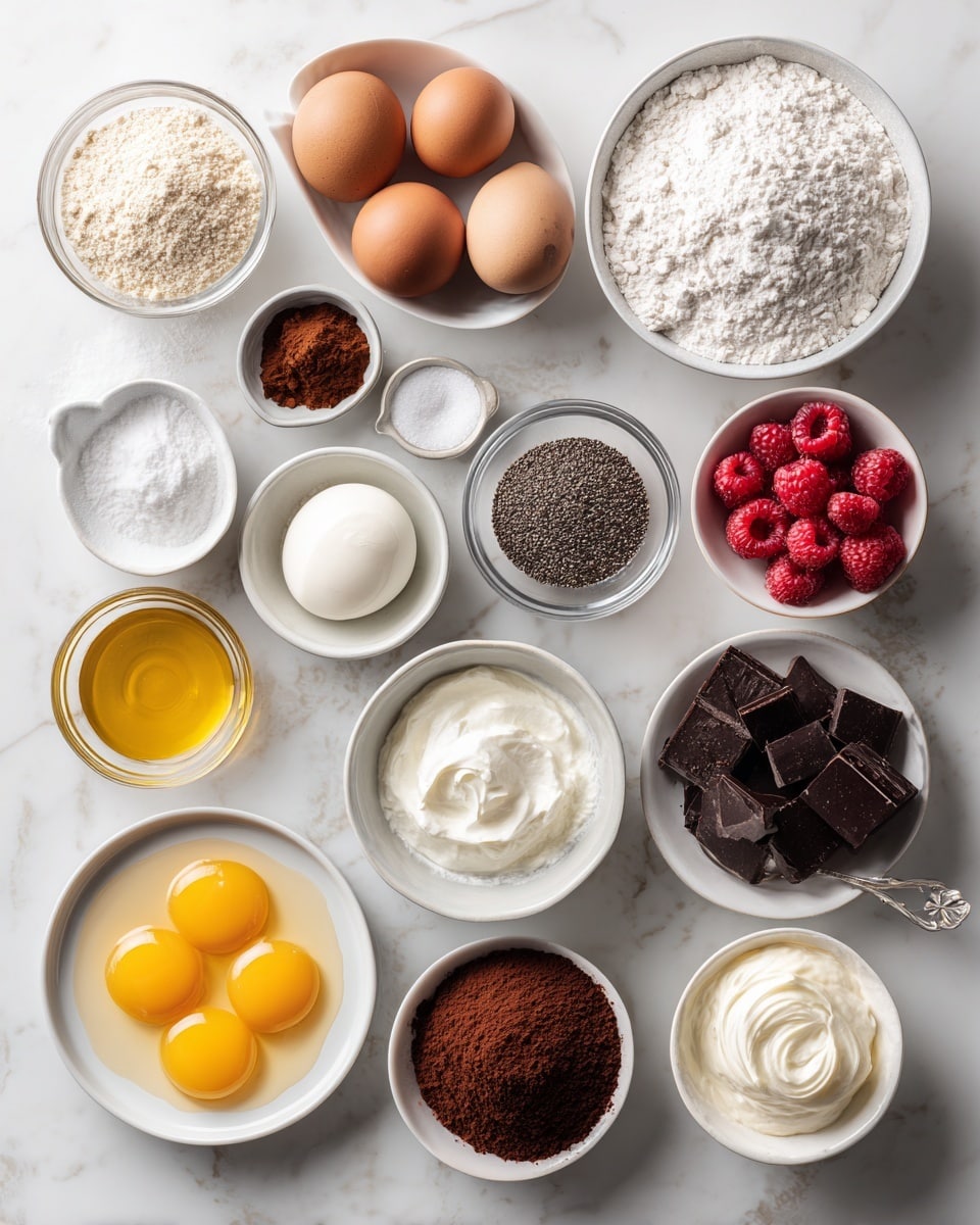Top-down professional food photography flat lay style, bright white marble countertop, neatly arranged, evenly spaced, tidy, clean organized layout, include: small bowl of ground almonds, small bowl of cocoa powder, small bowl of all-purpose flour, small bowl of salt, small plate with eggs, small bowl of granulated sugar, glass measuring cup of vegetable oil, small glass cup of sour cream, small bowl of fresh raspberries, small glass cup of maple syrup, small bowl of chia seeds, small plate with separated egg yolks, small plate with mascarpone cheese, small glass cup of heavy cream, small bowl of dark bittersweet chocolate pieces, small bowl of caster sugar, bright soft natural lighting, sharp focus, high detail textures, realistic reflections, professional DSLR look, 4K, no finished dish, no cooked food, no hands, no text, no watermark, no brand logos --ar 4:5 --v 7