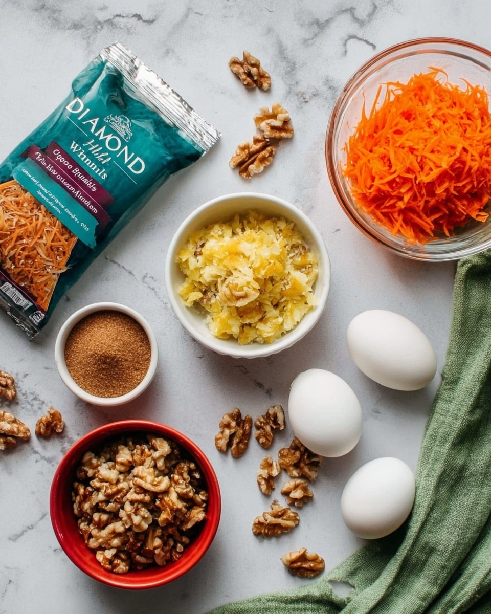 The image shows ingredients spread out on a white marbled surface, including three white eggs to the right, a clear glass bowl filled with shredded orange carrots near the top right with a green cloth partially under it, and a small white bowl with brown sugar at the bottom left. In the middle, there is a white bowl with golden crushed pineapple, next to a red bowl filled with chopped walnuts with some loose walnuts scattered around. Near the top left, a small white cup has more brown sugar, and in the center-left, there is a package labeled