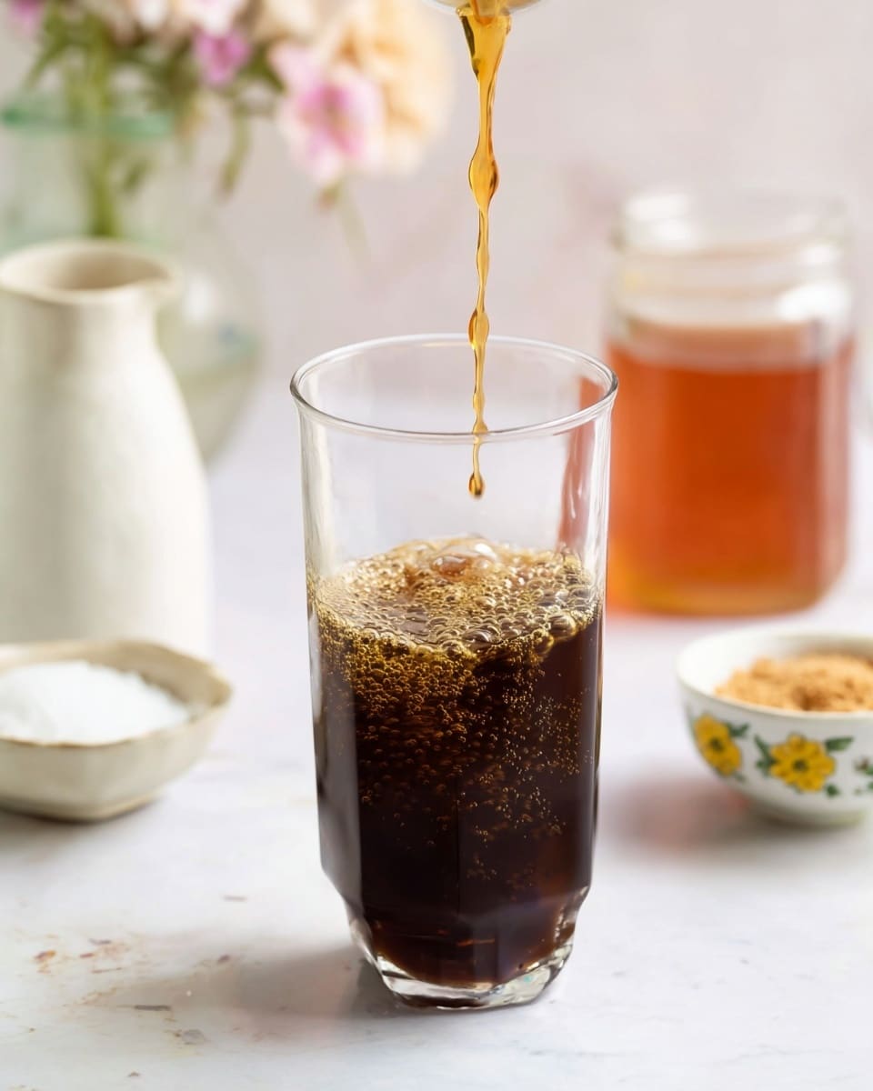 A clear glass filled halfway with dark brown coffee liquid, showing bubbles on the surface as a thin stream of golden liquid is poured into it from above, with droplets captured mid-air. The glass is placed on a white marbled surface with blurred background elements including a small white pitcher on the left, a small bowl with a yellow floral pattern containing white granules on the right, and a medium jar of amber liquid in the back. A soft focus on a pale flower in a glass vase is also visible in the background. photo taken with an iphone --ar 4:5 --v 7