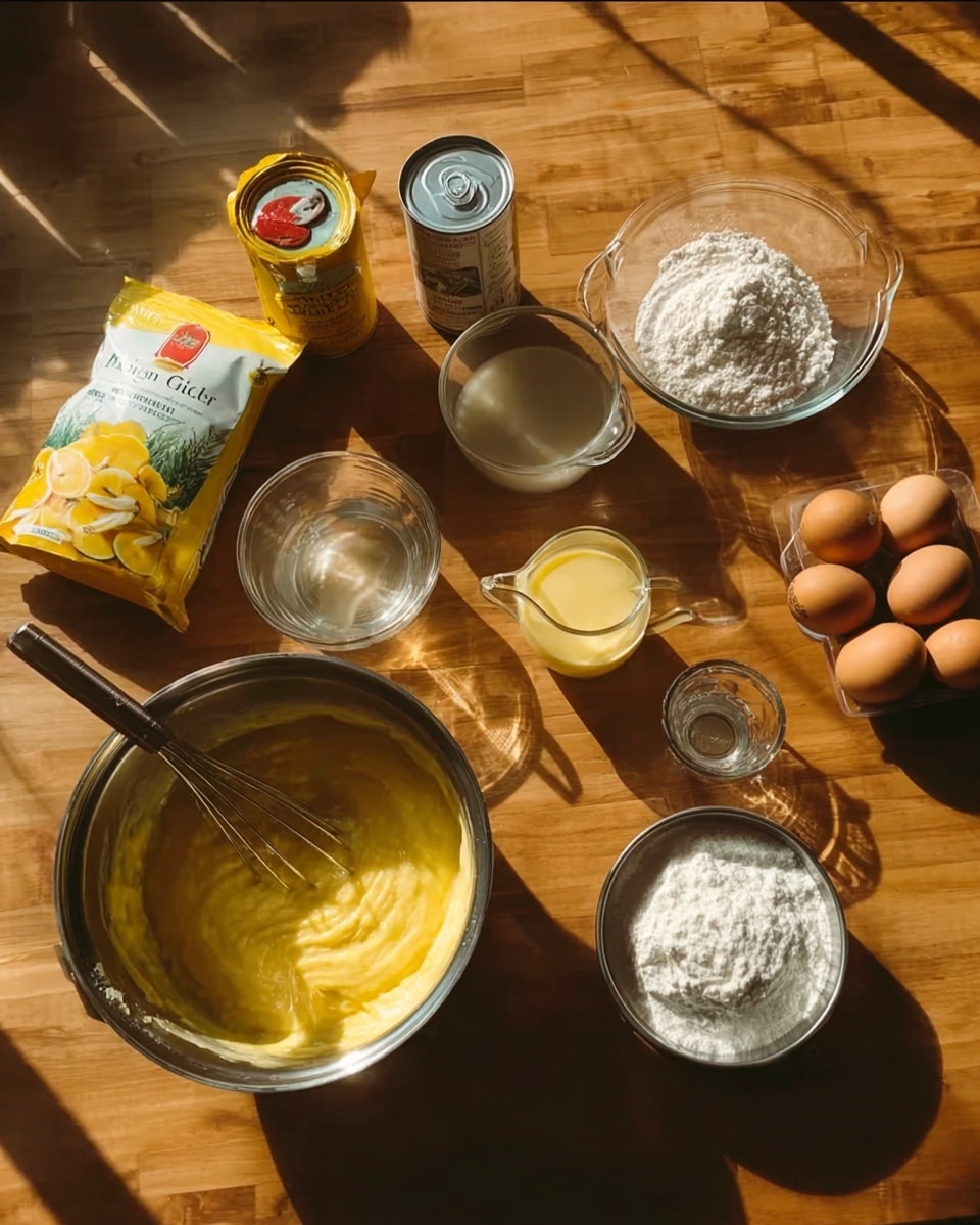 The image shows a wooden surface with various baking ingredients and tools arranged on it, including a yellow bag of gluten-free baking mix, a can of cornstarch, a large metal mixing bowl containing a yellow batter or mixture being whisked, a small glass pitcher with a light yellow liquid, a glass cup with clear liquid, a white container of cream, three brown eggs, a metal bowl filled with whipped cream, and a metal container with white powdered sugar. Sunlight casts shadows across the items, creating a warm, natural light effect. Photo taken with an iphone --ar 4:5 --v 7