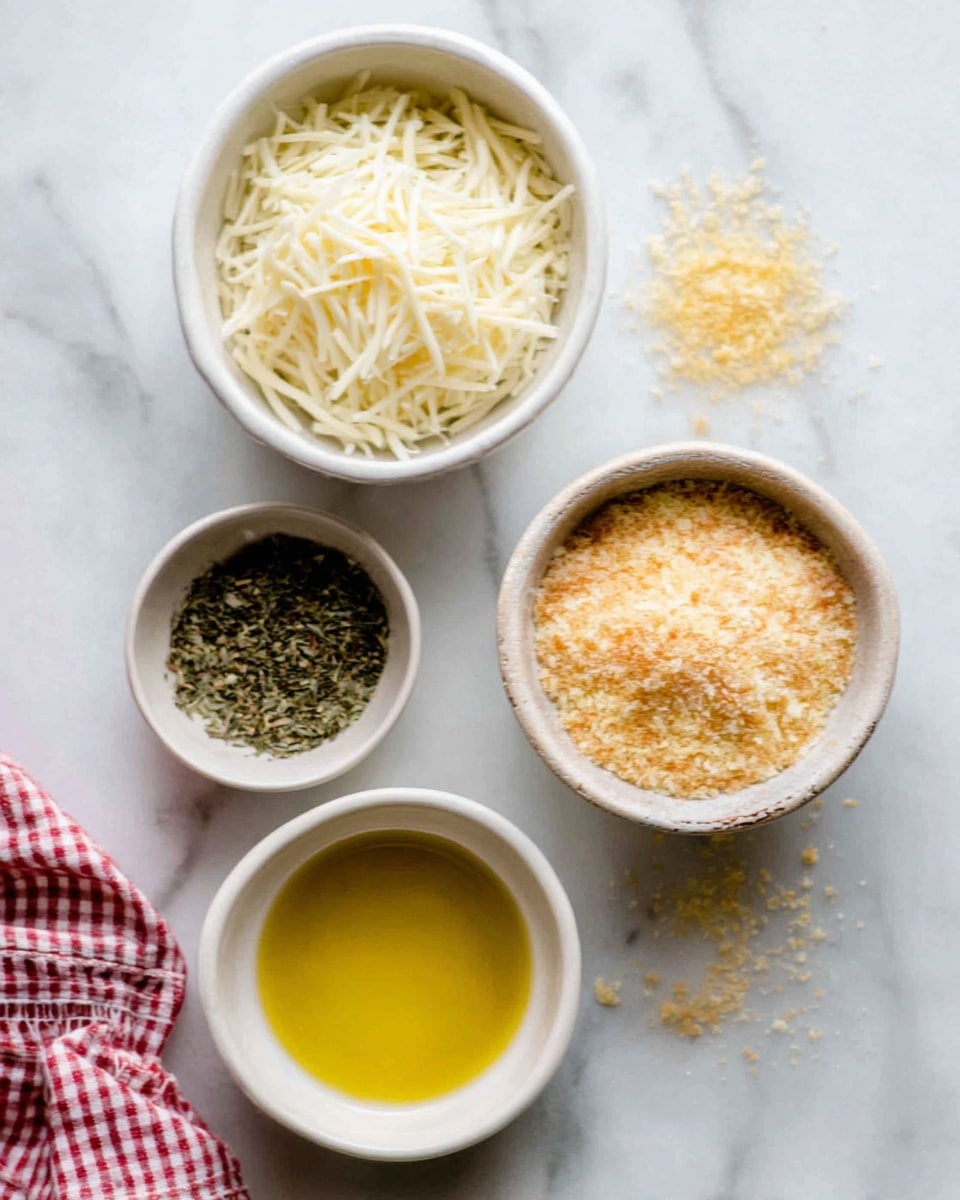 The image shows four small white bowls arranged on a white marbled surface. The top left bowl is filled with shredded cheese that is white and slightly yellow. To the right, a bowl contains fine yellowish breadcrumbs with a soft texture. Below, a bowl with green dried herbs sits to the left, showing small leaf pieces, while to the right, a bowl holds coarser breadcrumbs in a light brown shade. At the bottom center, another bowl holds golden yellow oil with a smooth, shiny surface. A woman's hand with a checkered cloth is slightly visible in the bottom left corner. Photo taken with an iphone --ar 4:5 --v 7