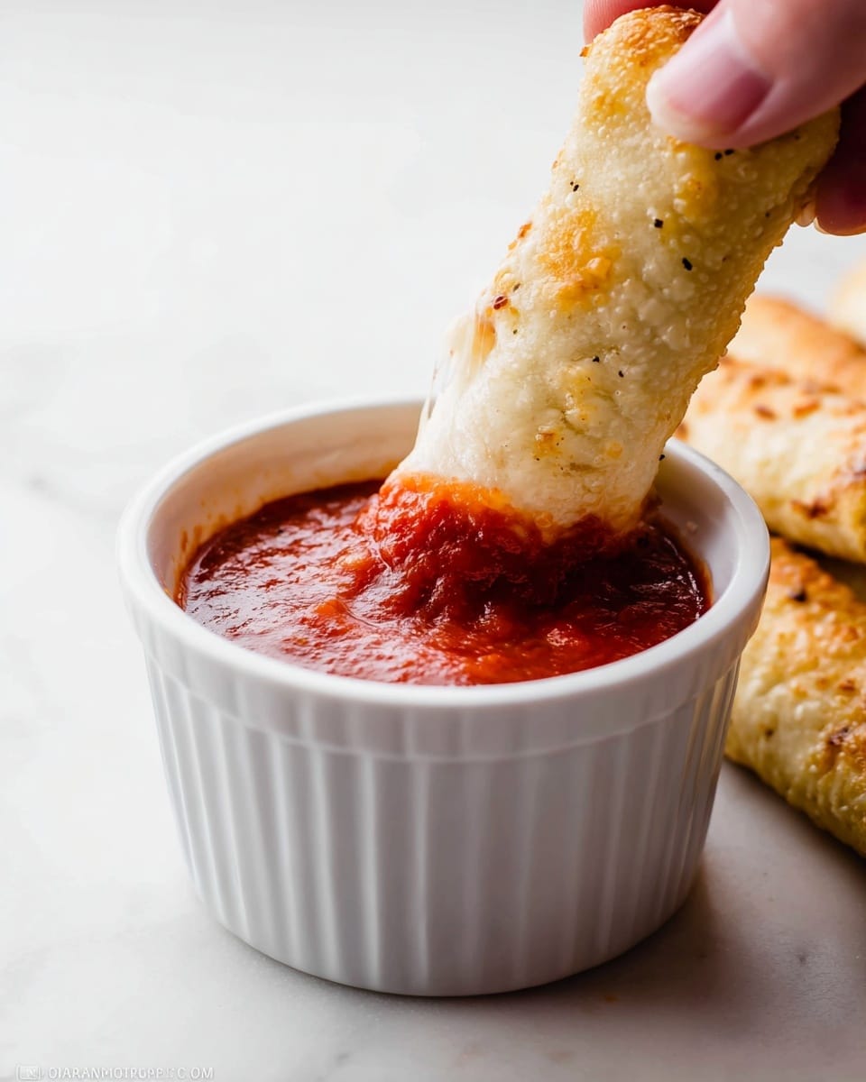 A close-up shot shows a white, textured baked stick being dipped into a white, ribbed ramekin filled with red marinara sauce. The stick has a soft, slightly browned crust and a chewy cheese layer visible on top. A woman's hand holds the stick from the top right corner, gently dipping it into the sauce. The background surface is white marble and part of more baked sticks are slightly visible on the right side. Photo taken with an iphone --ar 4:5 --v 7