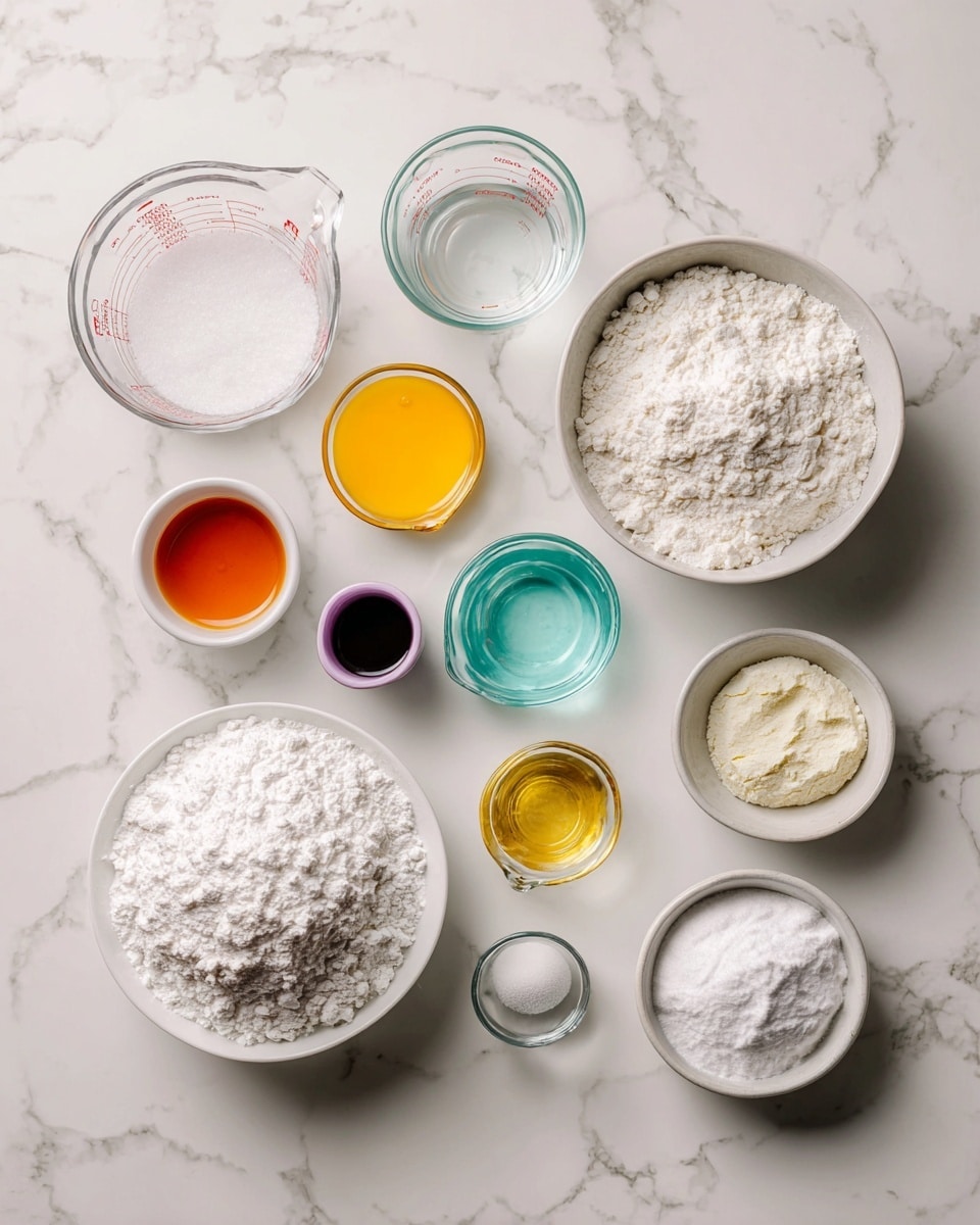 Top-down professional food photography flat lay style, bright white marble countertop, neatly arranged, evenly spaced, tidy, clean organized layout, include: bowl of mochiko flour, small bowl of granulated sugar, glass measuring cup of water, small glass cup of coconut milk, small bottle of food coloring, small bowl of potato starch, bright soft natural lighting, sharp focus, high detail textures, realistic reflections, professional DSLR look, 4K, no finished dish, no cooked food, no hands, no text, no watermark, no brand logos --ar 4:5 --v 7