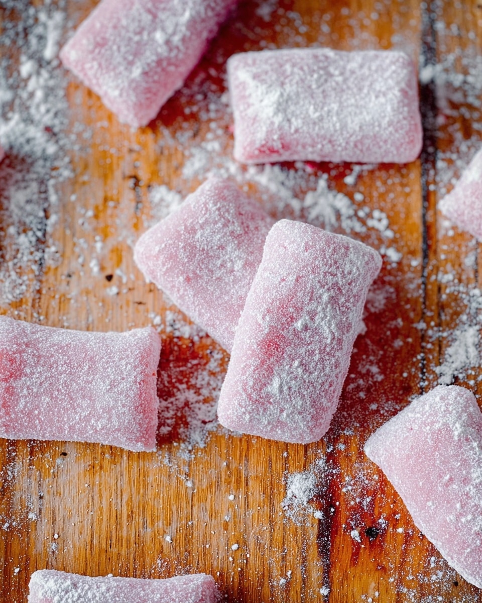 The image shows several pieces of pink gnocchi dusted with a white flour-like powder, arranged loosely on a wooden surface. Each piece is rectangular with soft edges and textured with a light powder coating, giving them a slightly rough look. The wooden surface has visible grain and small specks of flour scattered around, adding to the homemade feel of the scene. photo taken with an iphone --ar 4:5 --v 7