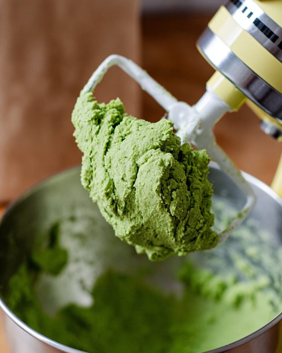 A close-up view of green dough with a rough, slightly crumbly texture clinging to a white dough hook attached to a yellow stand mixer. The dough hook is raised above a shiny silver metal mixing bowl that holds more green dough residue inside. The background shows a blurred chair with a dark handle, set against a soft brown surface. photo taken with an iphone --ar 4:5 --v 7