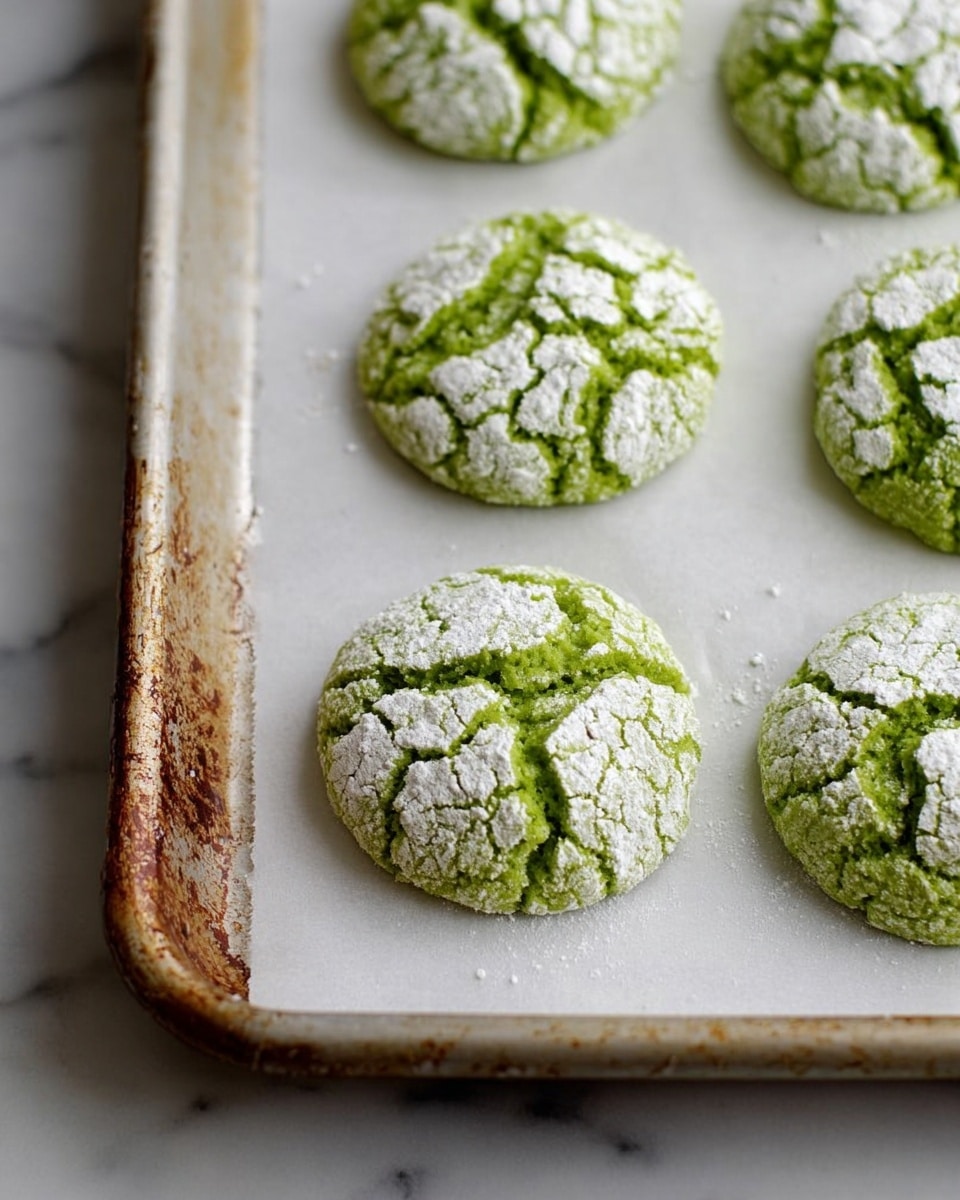 The image shows six round green cookies on a baking tray lined with white parchment paper, each cookie covered in a cracked layer of white powdered sugar that contrasts with the bright green underneath. The cookies are evenly spaced, with a rough texture on top due to the cracks in the powdered sugar. The baking tray has a slightly rusty edge visible in the bottom left corner, and the surface under the tray is a white marbled texture. Photo taken with an iphone --ar 4:5 --v 7