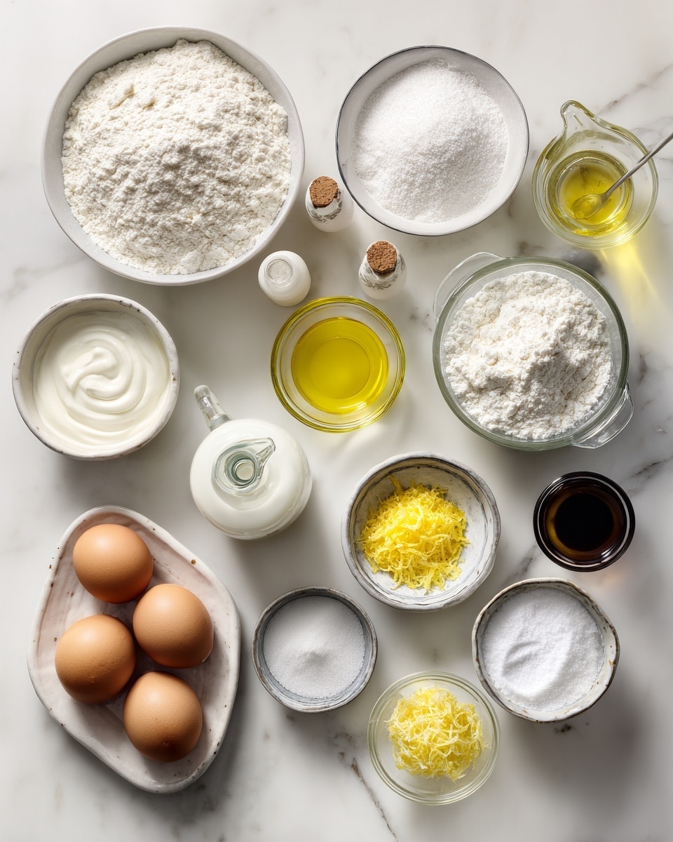 Top-down professional food photography, flat lay style, bright white marble countertop, neatly arranged, evenly spaced, tidy, clean organized layout. Include: bowl of all-purpose flour, bowl of granulated sugar, small bowl of baking soda, small bowl of baking powder, small bowl of salt, small plate with three large whole eggs, bottle of extra-virgin olive oil, glass measuring cup of whole milk, small bowl with lemon zest, small glass cup of fresh lemon juice, small bottle of vanilla essence, bowl of powdered sugar, small glass cup of lemon juice for glaze, small bowl of finely grated lemon zest. Bright soft natural lighting, sharp focus, high detail textures, realistic reflections, professional DSLR look, 4K. No finished dish, no cooked food, no hands, no text, no watermark, no brand logos --ar 4:5 --v 7