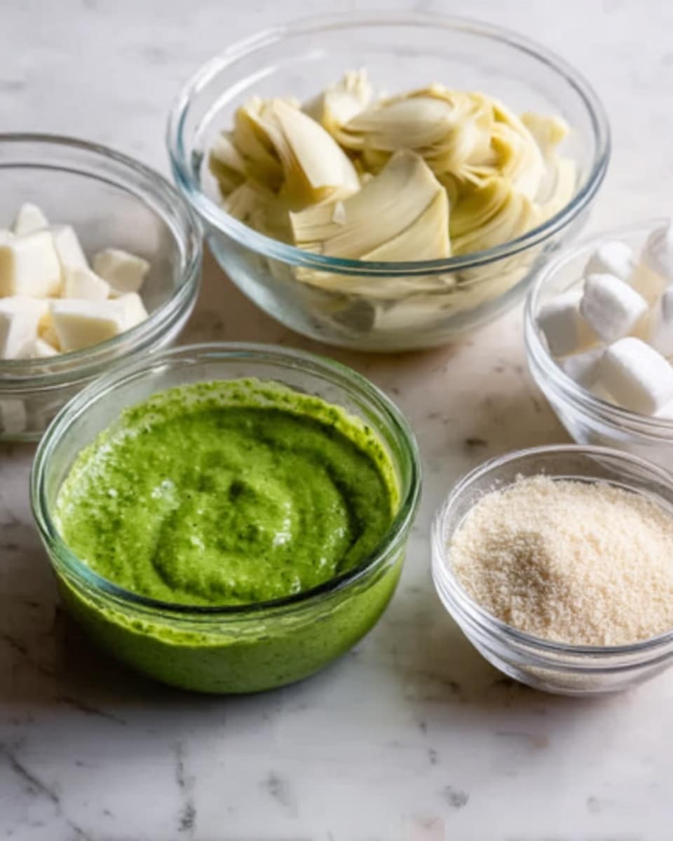 The image shows four clear glass bowls on a white marbled surface. The closest bowl is filled with bright green sauce that looks smooth and thick. Behind it to the left is a larger bowl with pale yellow artichoke hearts, cut into pieces. To the back right, there is a bigger bowl filled with small white marshmallows. Closest to the right, a smaller bowl holds a light beige powder, likely grated cheese or breadcrumbs. The bowls are arranged casually, highlighting the different colors and textures of the ingredients. Photo taken with an iphone --ar 4:5 --v 7