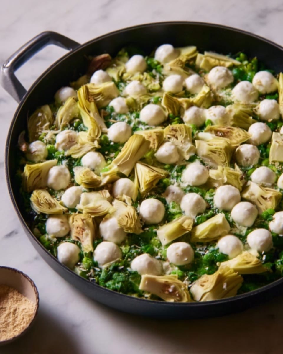 A black pan filled with a layered dish, starting with a green base, likely chopped leafy vegetables, topped evenly with many small, white round balls resembling mozzarella cheese. On top of that, there are many pale yellow quartered artichoke pieces spread in a scattered pattern. The pan rests on a white marbled surface and a small bowl with a beige powder or spice is partly visible nearby. Photo taken with an iphone --ar 4:5 --v 7