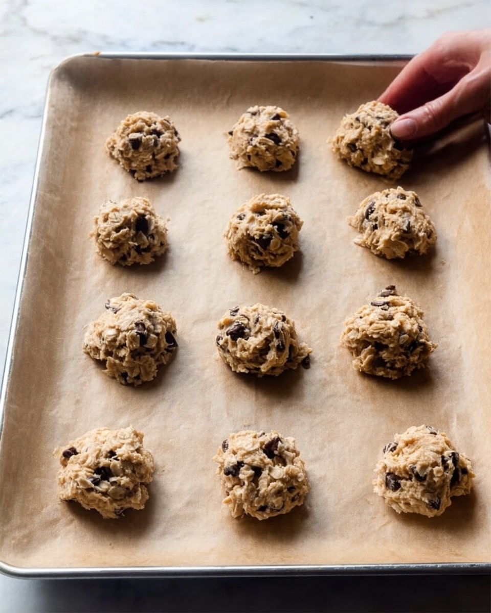 The image shows a baking tray lined with light brown parchment paper holding eleven uneven dollops of oatmeal chocolate chip cookie dough spaced out in a grid. Each dough mound is rough-textured with a light tan color mixed with darker brown and black spots from the chocolate chips scattered throughout. The tray is placed on a white marbled surface visible at the edges, and a woman’s hand is about to place or adjust one dough mound on the tray. Photo taken with an iphone --ar 4:5 --v 7