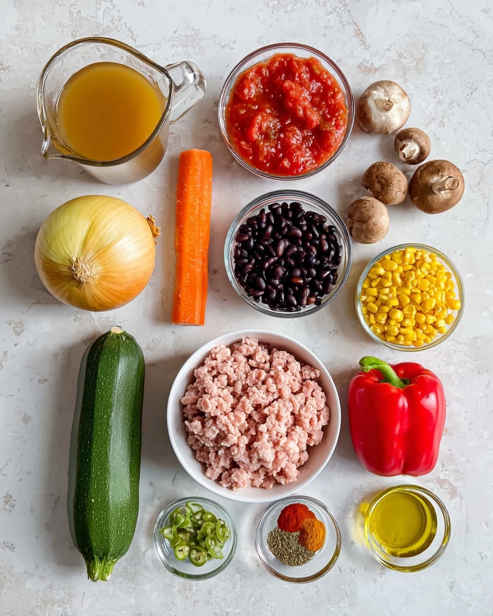 A top view of various cooking ingredients laid out neatly on a white marbled surface, including a clear glass jug filled with light brown broth at the top left, a whole onion with golden-yellow skin next to it, and a bright orange carrot placed vertically in the middle. Below the carrot and onion, there is a raw zucchini with a shiny dark green skin. To the right of the zucchini, a white bowl contains chunky red tomatoes with visible tomato juice. Above this bowl, two small clear bowls each contain different beans: one with black beans and the other with reddish-brown beans. Beside them, a bright red bell pepper and a single brown mushroom are placed on the right side. In the center, a large clear white bowl holds ground turkey with a pale pink color. Below this bowl, a small glass bowl holds bright yellow corn kernels. To the right of the corn, another small bowl contains chopped green chilies, and next to it are two garlic cloves. Below the tomato bowl, three small glass dishes hold various dried spices in red, green, and brown colors, with one small dish containing golden olive oil. The ingredients are organized in a clean, colorful arrangement against the white marbled surface. Photo taken with an iphone --ar 4:5 --v 7