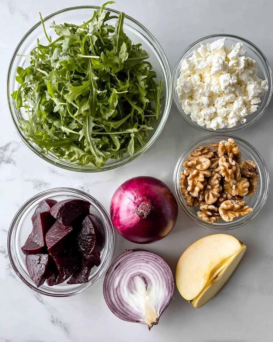 The image shows five clear glass bowls and one apple slice spread on a white marbled surface. The largest bowl on the top left holds fresh green arugula leaves with a slightly ruffled texture. To its right, a smaller bowl contains white crumbled cheese resembling feta. Below the cheese, there is a bowl of dark purple cooked beets, smooth and shiny. Directly below the arugula is a bowl of light brown walnut halves with a rough texture. Next to the walnuts, a slice of light yellow apple with a smooth skin rests on the surface. Near the center of the image is a half purple onion with smooth skin and visible concentric rings inside. photo taken with an iphone --ar 4:5 --v 7