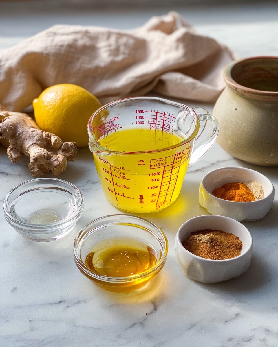 The image shows a white marbled surface with several small glass bowls and a white bowl arranged evenly. In the center is a clear glass measuring cup filled with bright yellow liquid, marked with red measurement lines. In front of it is a small glass bowl with golden honey or syrup, smooth and shiny. To the left, there is a small glass bowl with clear liquid and another with a light orange liquid beside it. On the right, a white bowl contains two types of powdered spices in brown and orange colors. A whole yellow lemon and a piece of light brown ginger root are placed at the back and front left of the bowls respectively. A soft beige cloth and a ceramic pot are partly visible in the background. Photo taken with an iphone --ar 4:5 --v 7