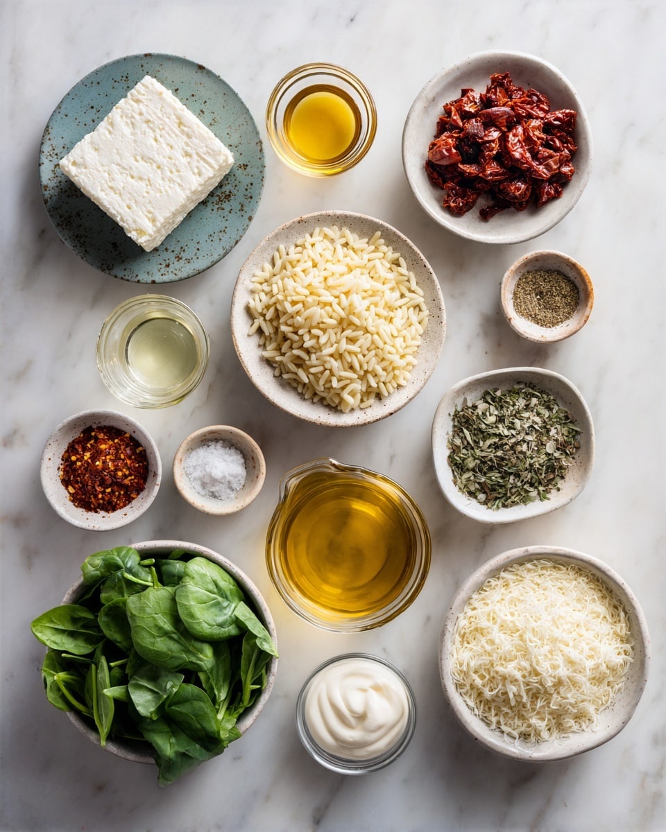 Top-down professional food photography, flat lay style, bright white marble countertop, neatly arranged, evenly spaced, tidy, clean organized layout, include: block of creamy soft cheese on small plate, small bowl of uncooked orzo pasta, small bowl of finely chopped garlic, small bowl of chopped sun-dried tomatoes, small bowl of chopped Kalamata olives, small glass cup of olive oil, glass measuring cup of vegetable broth, small bowl of red pepper flakes, small bowl of dried oregano, small bowl of dried thyme, small bowl of salt, small bowl of ground black pepper, small bowl of fresh spinach leaves, small bowl of grated Parmesan cheese, small glass cup of heavy cream, bright soft natural lighting, sharp focus, high detail textures, realistic reflections, professional DSLR look, 4K, no finished dish, no cooked food, no hands, no text, no watermark, no brand logos --ar 4:5 --v 7