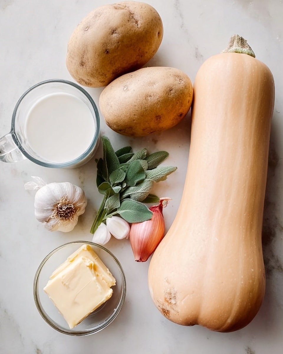The image shows a collection of ingredients placed on a white marbled surface. There are two medium-sized light brown potatoes positioned at the top right, with a large butternut squash lying horizontally below them. To the right side, part of another squash is visible. Towards the center left, there's a small pile of fresh green sage leaves, and below them, three garlic cloves and one whole garlic bulb are arranged. A small shallot with a reddish-pink outer skin lies near the garlic. On the left side, there is a clear glass cup filled with a white liquid, likely milk or cream. In the bottom center, a small clear glass bowl holds a rectangular piece of pale yellow butter. The photo taken with an iphone --ar 4:5 --v 7
