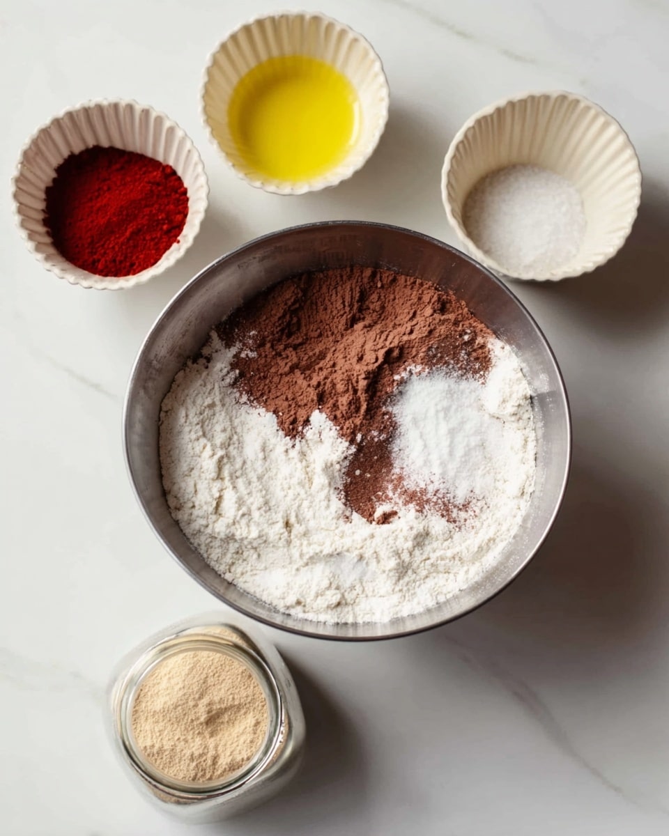 A white marbled surface holds a metal bowl filled with dry ingredients: a white flour layer covers most of the bowl’s bottom, with a brown cocoa powder layer next to it, a small white sugar layer, and a tiny pile of salt all separated on top. Around the bowl are three white ceramic cups with different powders inside: a yellow one, a deep red one, and a white one. In the foreground, there is a small clear jar with a beige powder inside. photo taken with an iphone --ar 4:5 --v 7