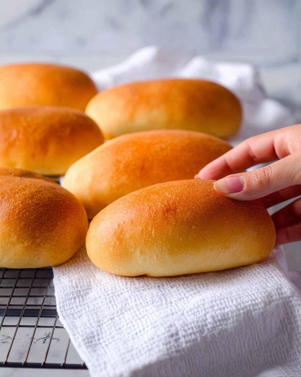 Several golden brown bread rolls with a smooth, slightly shiny crust are resting on a white textured cloth with a cooling rack partly visible in the background. A woman's hand reaches in from the right side, holding one of the bread rolls gently. The background features a white marbled texture. photo taken with an iphone --ar 4:5 --v 7
