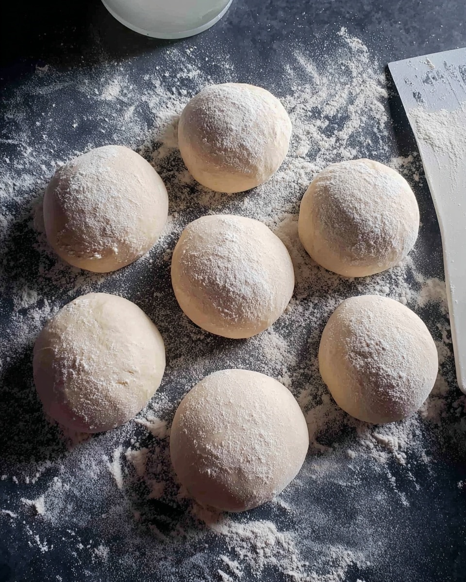 Six round dough balls are placed on a dark surface lightly dusted with flour. Each dough ball is smooth and pale, with a soft white powder of flour on top, giving them a slightly frosted look. They are arranged loosely in a circle, with some flour scattered around them, showing faint hand imprints. A white plastic dough scraper is visible near the right edge, and a light container is partially visible in the top left corner. The setting is simple and clean, emphasizing the fresh dough ready for baking photo taken with an iphone --ar 4:5 --v 7
