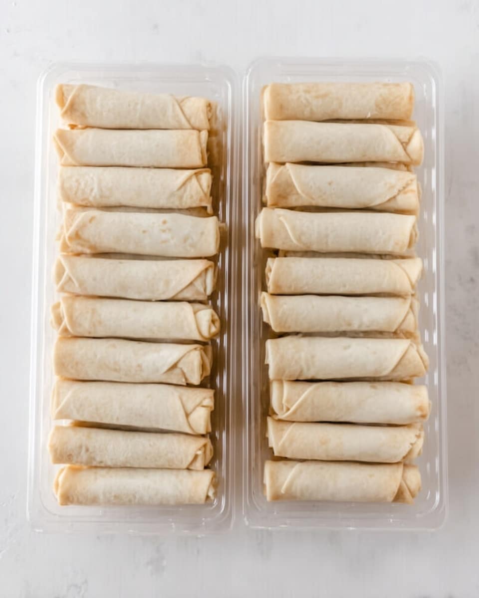 The image shows two clear plastic trays, each filled with neatly arranged light beige rolled pastry sticks, eight in each tray. The pastry sticks have a smooth, dry outer texture with slight uneven folds and are tightly wrapped, showing no filling. The trays are placed on a white marbled surface, giving a clean and simple look. photo taken with an iphone --ar 4:5 --v 7