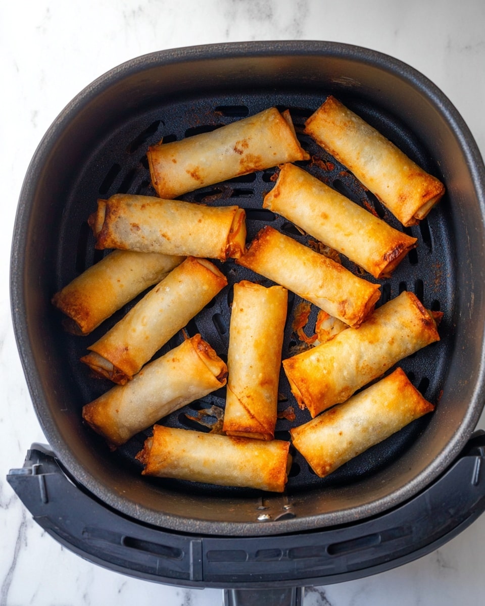 Inside a black air fryer basket are fourteen small, golden-brown spring rolls arranged in a rough oval shape. The spring rolls have a crispy texture with some areas showing a deeper orange-brown color, indicating they are cooked well. The air fryer basket's dark grill contrasts with the light, slightly shiny spring rolls. The background is a white marbled surface. photo taken with an iphone --ar 4:5 --v 7