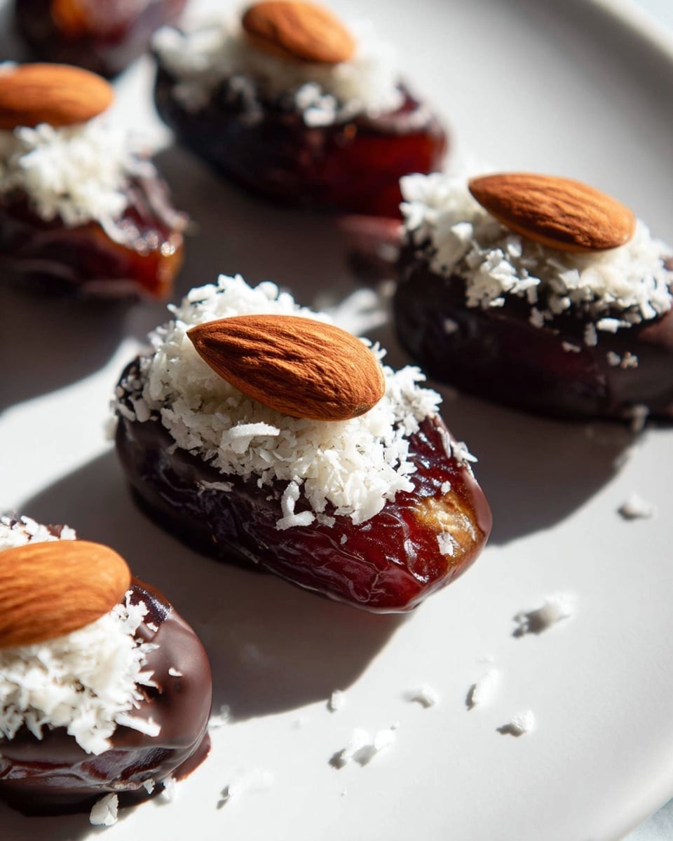 The image shows several dates as the base layer with a dark brown shiny texture, each partially dipped in smooth dark chocolate covering about half of the date. On top of the chocolate-covered part, there is a white crumbly layer of shredded coconut, adding a rough texture. Each date is finished with a whole almond placed on the coconut layer as the top layer. The dates are arranged on a white plate with a white marbled background. Bright natural light creates soft shadows around the dates. The photo taken with an iphone --ar 4:5 --v 7