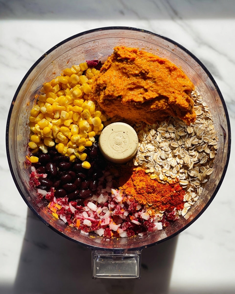 Inside a clear food processor bowl, there are five visible layers of ingredients. The bottom layer is finely chopped red and white vegetables spread evenly, providing a vibrant reddish-pink mix with some white bits. On top of this, toward the left side, is a mound of bright yellow corn kernels. Next to the corn, near the bottom left, is a pile of shiny black beans. To the right, there is a large scoop of smooth, bright orange paste sitting above the mixed vegetables. Finally, the top right section has scattered dry rolled oats with some reddish-orange seasoning sprinkled over them. The food processor sits on a white marbled surface in bright natural light. Photo taken with an iphone --ar 4:5 --v 7