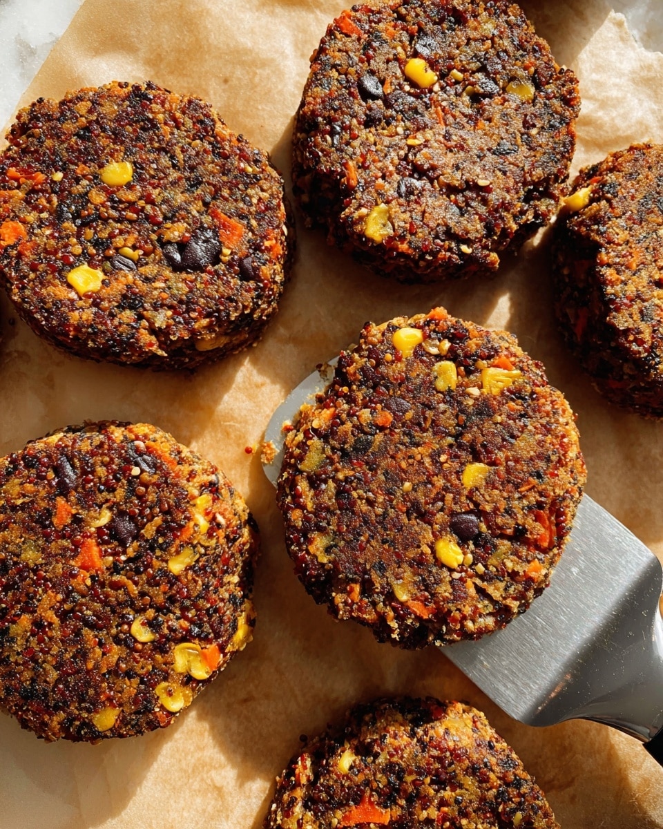 The image shows several round veggie patties on a brown paper sheet, each patty with a rough, crumbly texture and mixed colors of dark brown, yellow corn pieces, orange shredded carrot bits, and small black beans. One patty is lifted slightly by a metal spatula with a black handle, showing its thickness and dense make. The patties are thick and evenly shaped with visible grains and vegetable pieces throughout. The light falling on them highlights their slightly crispy and textured surface. The background is a white marbled texture photo taken with an iphone --ar 4:5 --v 7