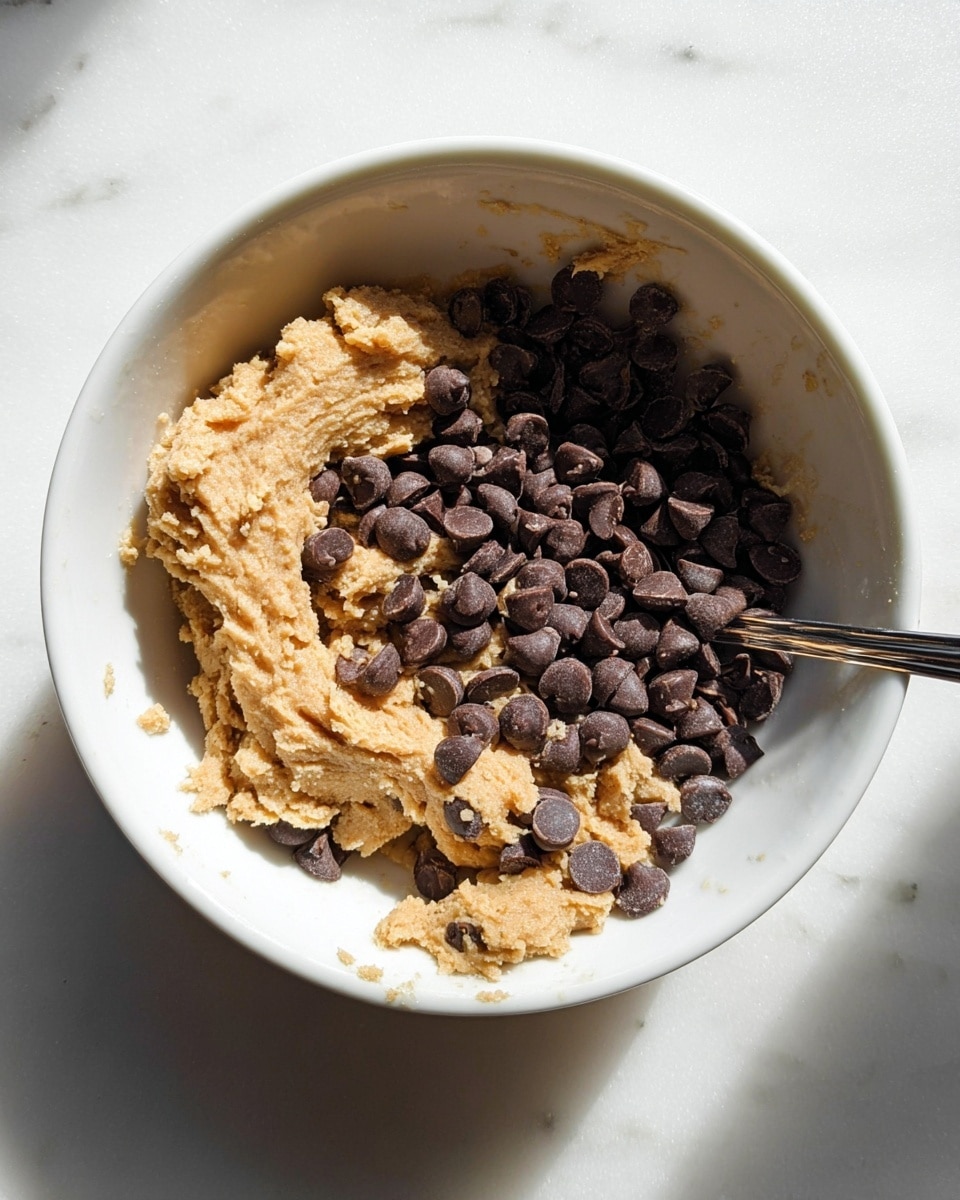 A white bowl holds a thick, sandy-textured dough with a warm light brown color piled mostly on one side, topped with a layer of semi-sweet dark chocolate chips that are glossy, slightly rounded, and scattered unevenly. On the other side of the bowl, there is a silver spoon partially inserted into the dough. The bowl sits on a white marbled surface with sunlight casting soft shadows across the ingredients. photo taken with an iphone --ar 4:5 --v 7