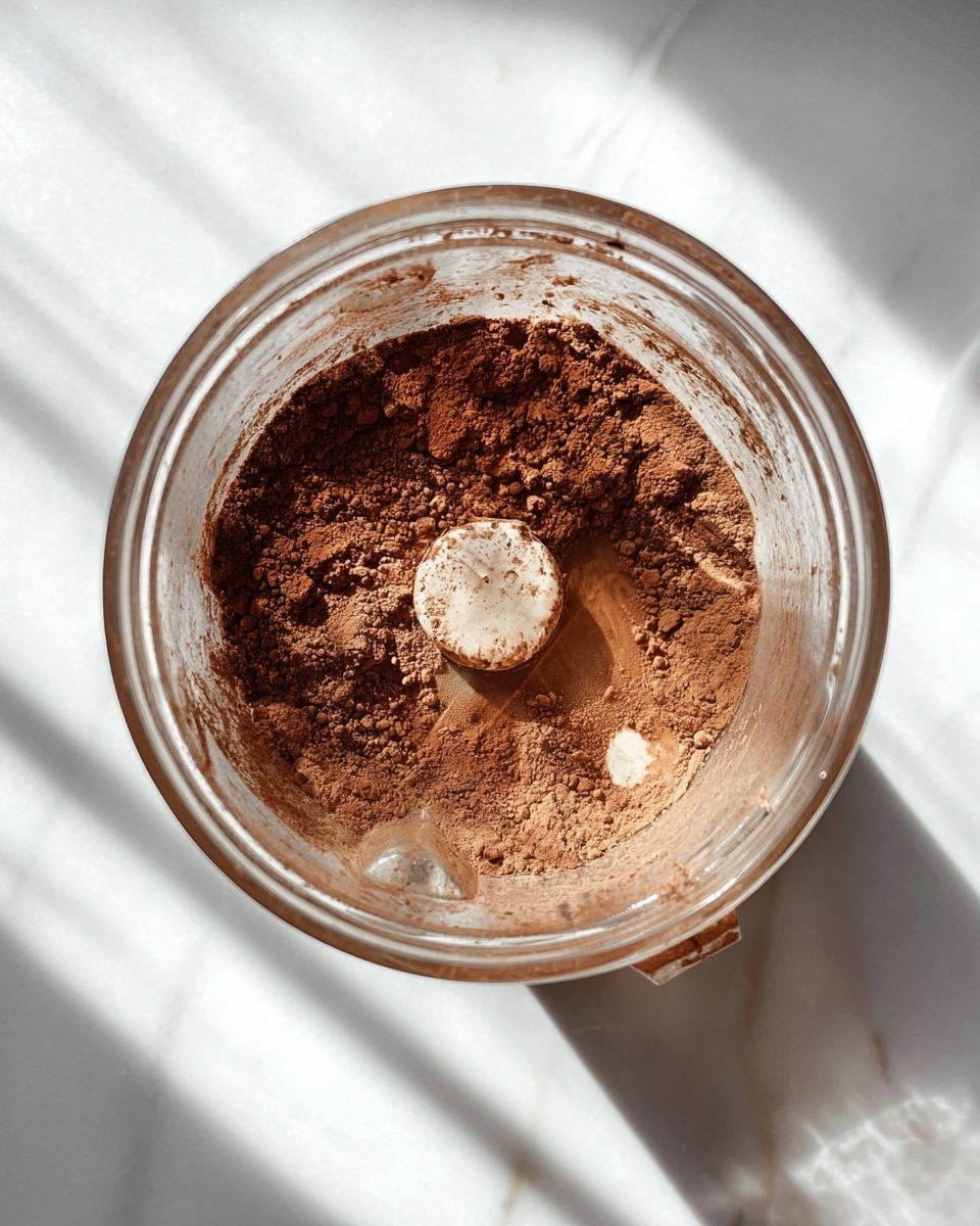 A clear blender jar is shown from above, filled with a layer of dry brown powder, likely cocoa or chocolate powder, with some areas having a slightly darker, moist texture underneath and around the edges. The inside of the jar has streaks of powder clinging to the sides, and soft shadows fall across the white marbled surface beneath. Photo taken with an iphone --ar 4:5 --v 7