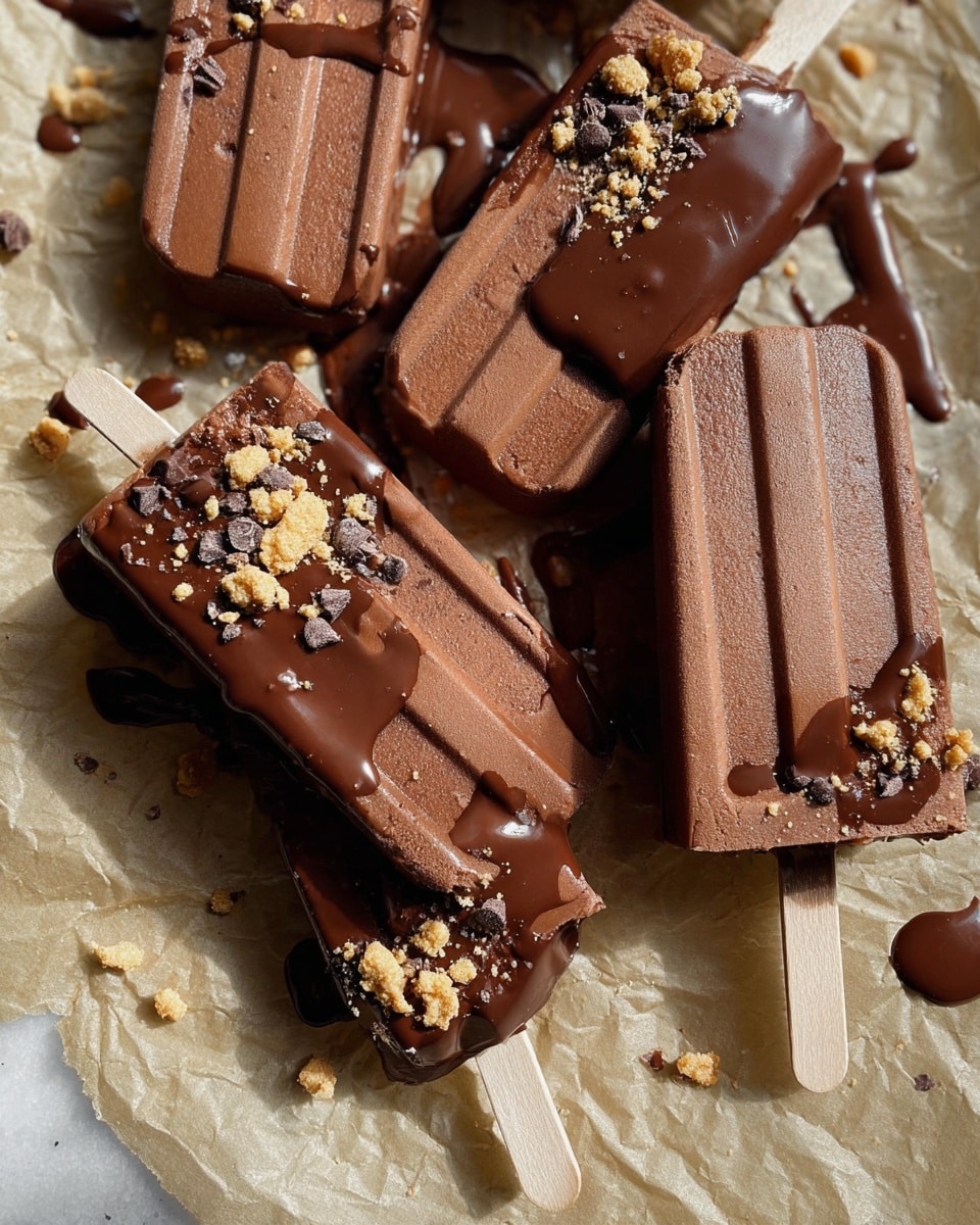 The image shows several chocolate popsicles lying on crumpled light brown paper with a white marbled texture surface underneath. Each popsicle is a rich brown color with a smooth texture and rectangular shape, featuring three vertical sections. Around the top part of the popsicles, there is a thick layer of glossy dark chocolate sauce drizzled over and dripping onto the paper. Small crushed pieces of golden cookie crumbs and dark chocolate nibs are scattered generously on the chocolate layer, adding texture and color contrast. The popsicle sticks are visible at the bottom, made of light wooden color. The lighting creates shiny reflections on the chocolate, highlighting its smooth and shiny surface. photo taken with an iphone --ar 4:5 --v 7