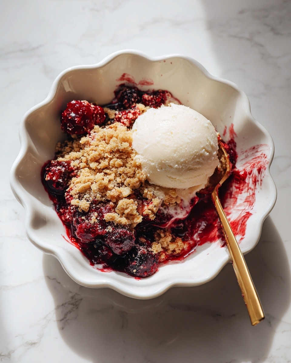 A white scalloped bowl filled with three main layers: the bottom layer is a mix of deep red and purple cooked berries, with some whole berries visible, slightly juicy and soft; the middle layer is a golden brown crumbly oat and nut topping with toasted texture scattered unevenly; the top layer is a white scoop of melting vanilla ice cream with red berry juices blending into it. A golden spoon is partially sunk into the dessert on the right side, with the berry juice and ice cream swirling around it. The bowl is on a white marbled surface with bright natural light creating soft shadows. photo taken with an iphone --ar 4:5 --v 7