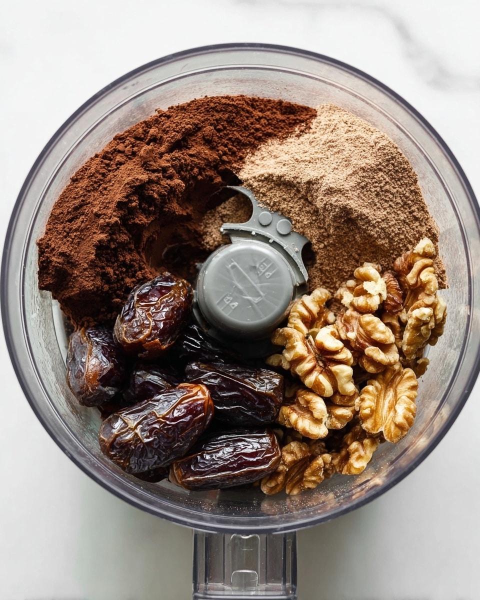 A clear food processor bowl shows several ingredients arranged in layers from top view: the largest area is filled with dark brown dates that have a glossy, sticky texture, positioned at the bottom and right side; to the right side are light brown walnut halves with a rough, textured surface; at the top left is a mound of fine dark brown cocoa powder with a dry, powdery look; above the cocoa powder is a smaller pile of lighter brown powder, which appears to be a different type of cocoa or dry ingredient. The center of the bowl has a gray plastic blade attachment. The whole scene is set on a white marbled surface. photo taken with an iphone --ar 4:5 --v 7